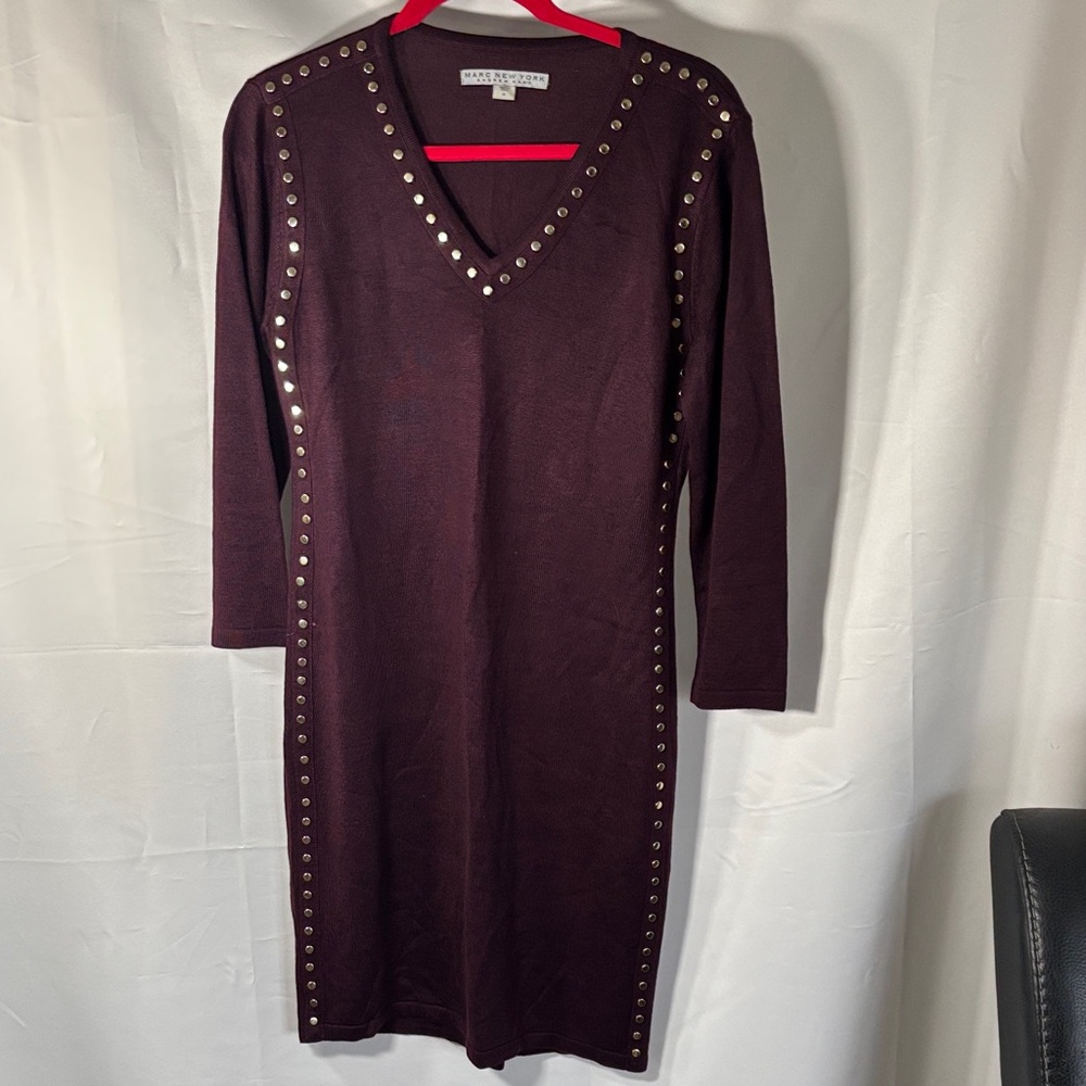 Marc New York Andrew Marc Purple/ Maroon Gold Studded Sweater Dress SZ M